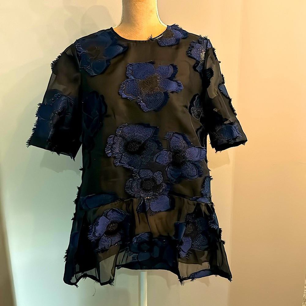 Lela Rose Black and Blue Floral Blouse